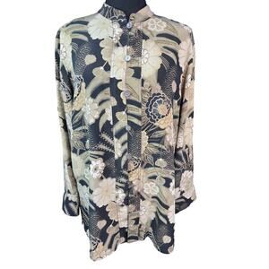 Chico’s Design 100% Silk Floral Button Up Blouse Women Size 2 Beige Black Boho